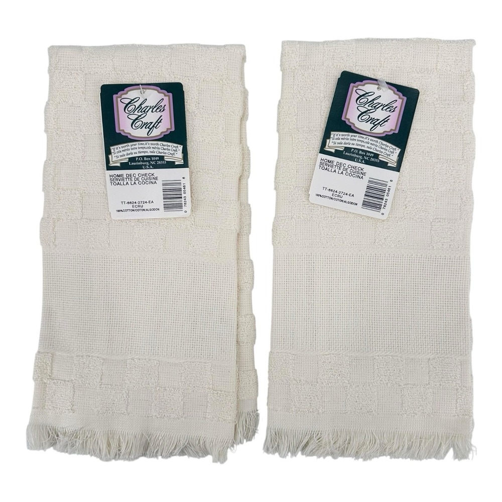 Vintage Charles Craft Cross Stitch Kitchen Towels Set of 2 Ecru NWT